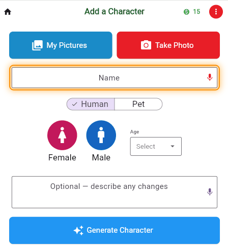 Create a Character — StoryFunTime app screen