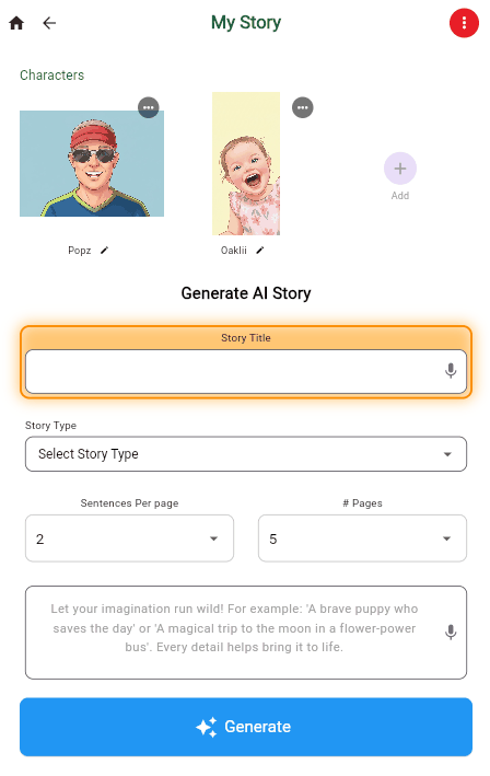 Generate AI Story — StoryFunTime app screen