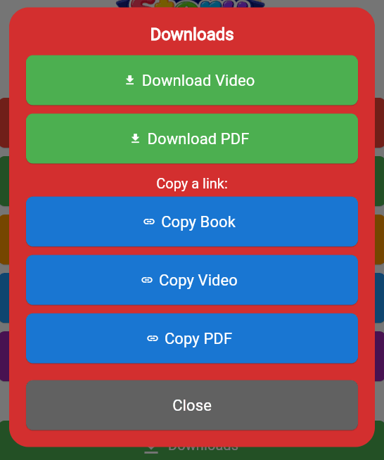 Downloads modal — StoryFunTime app screen